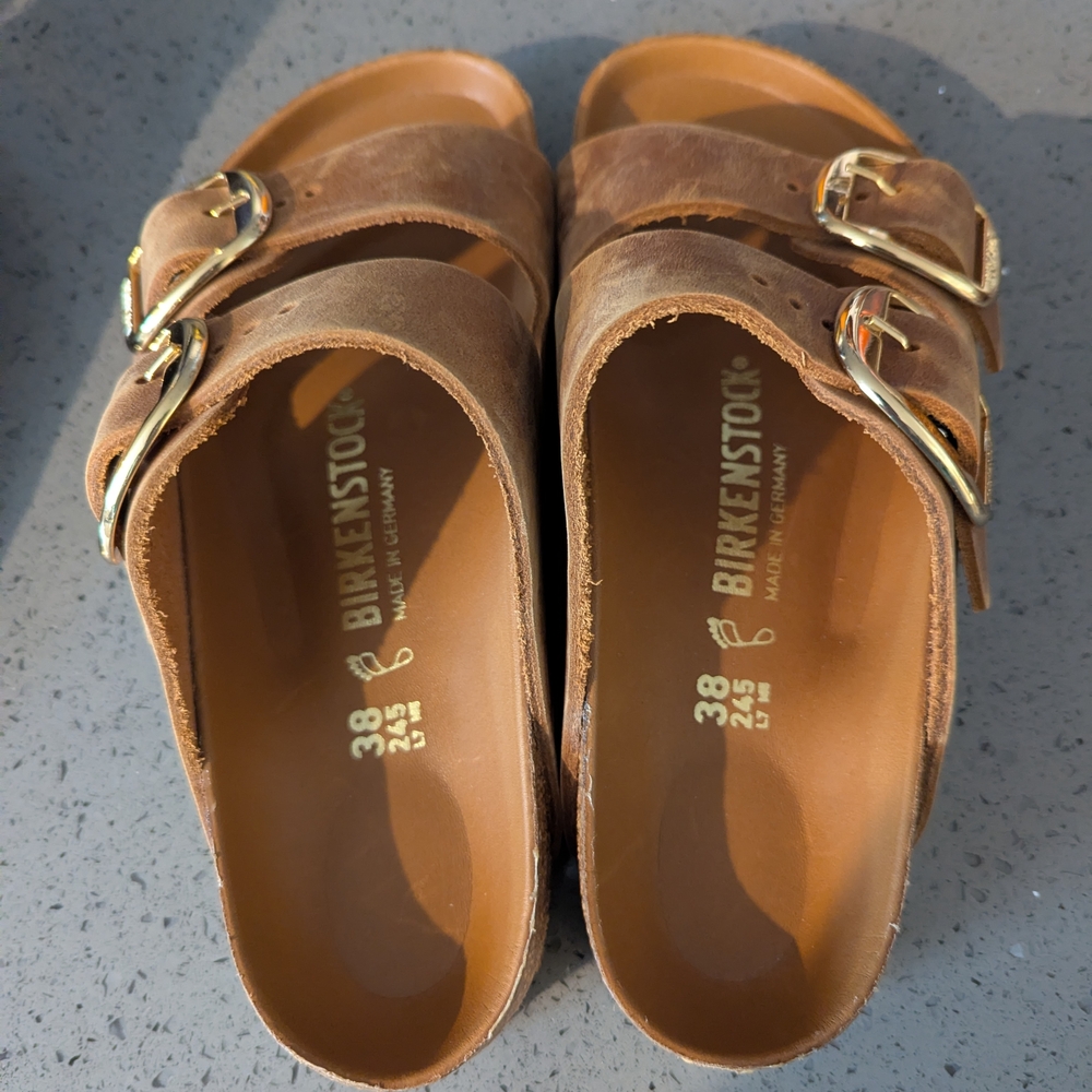 Brown Leather Sandals with Gold Buckles - Picture 5 of 6
